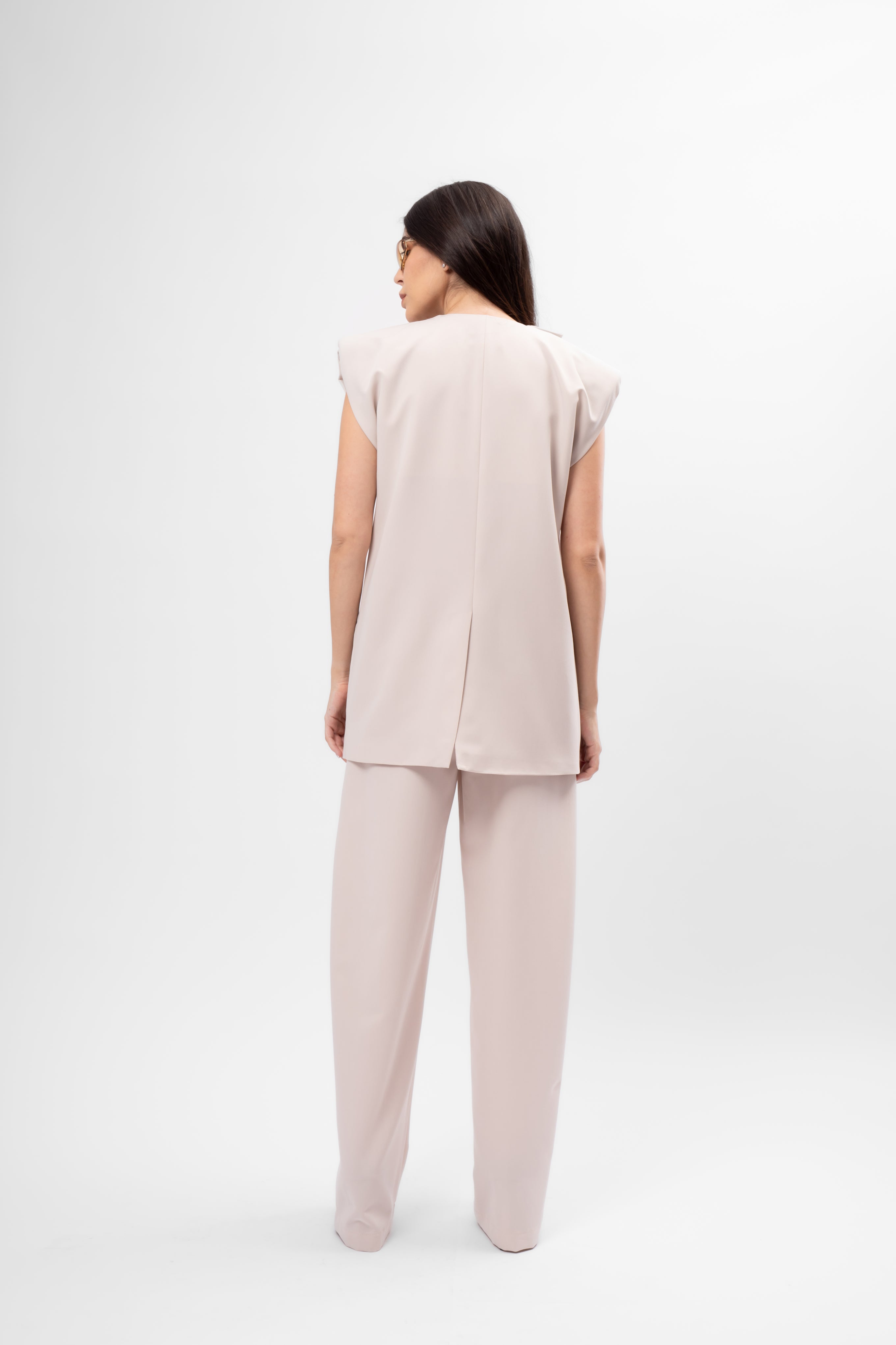 Cream Set with Vest and Pleated Trousers