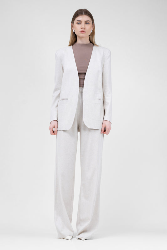 Ivory linen suit with blazer and straight trousers