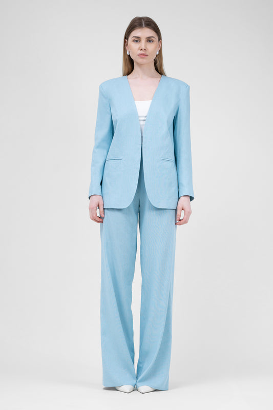 Baby Blue linen suit with blazer and straight trousers