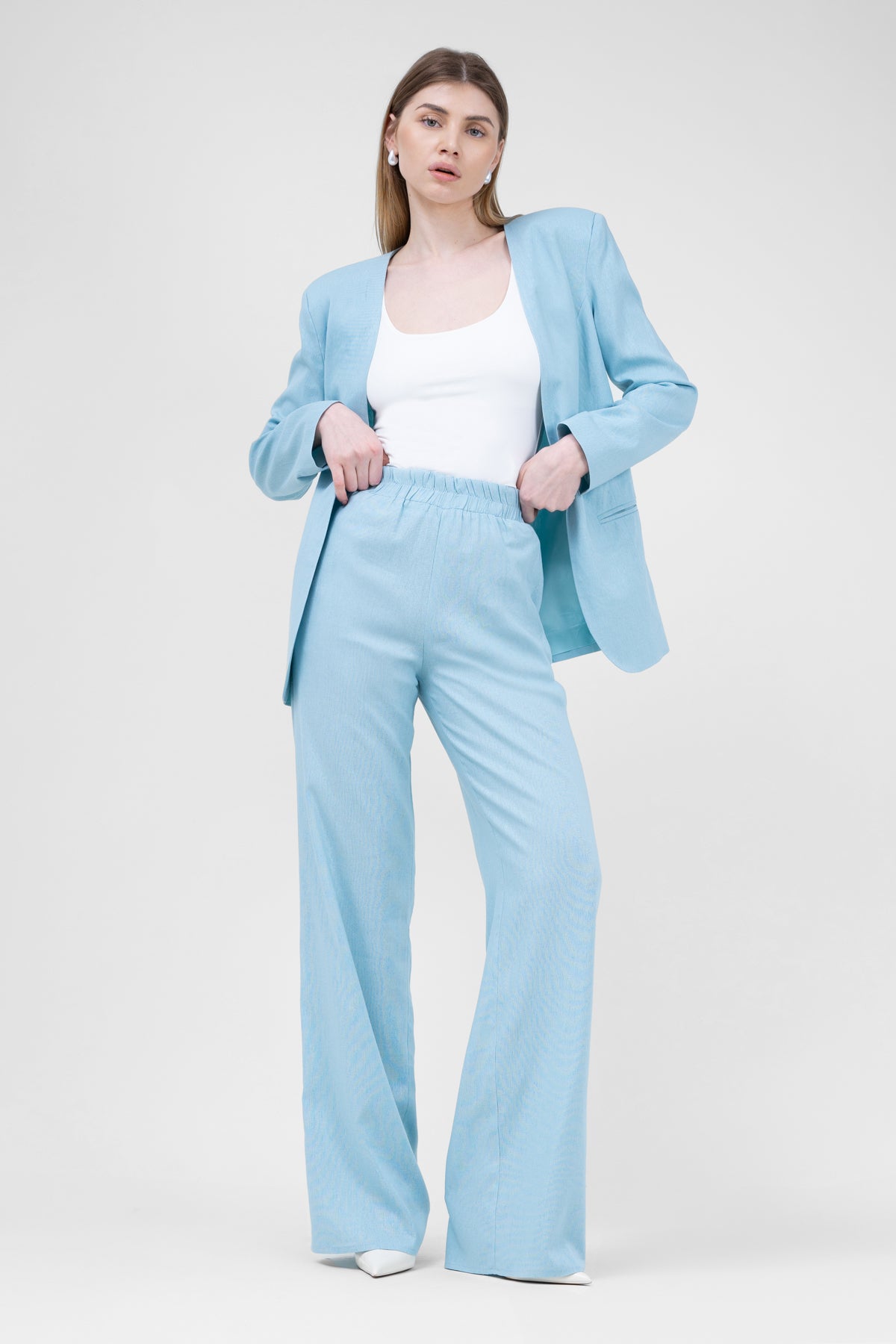 Baby Blue linen suit with blazer and straight trousers
