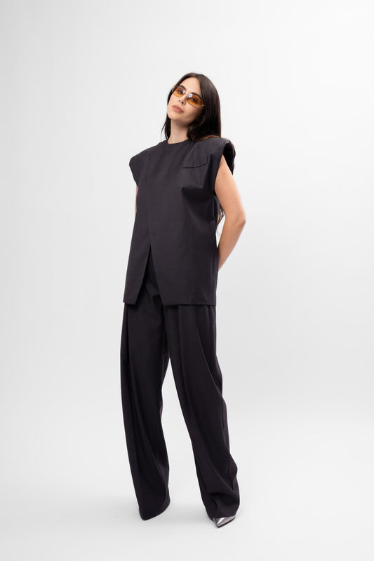 Dark Grey Set with Vest and Pleated Trousers