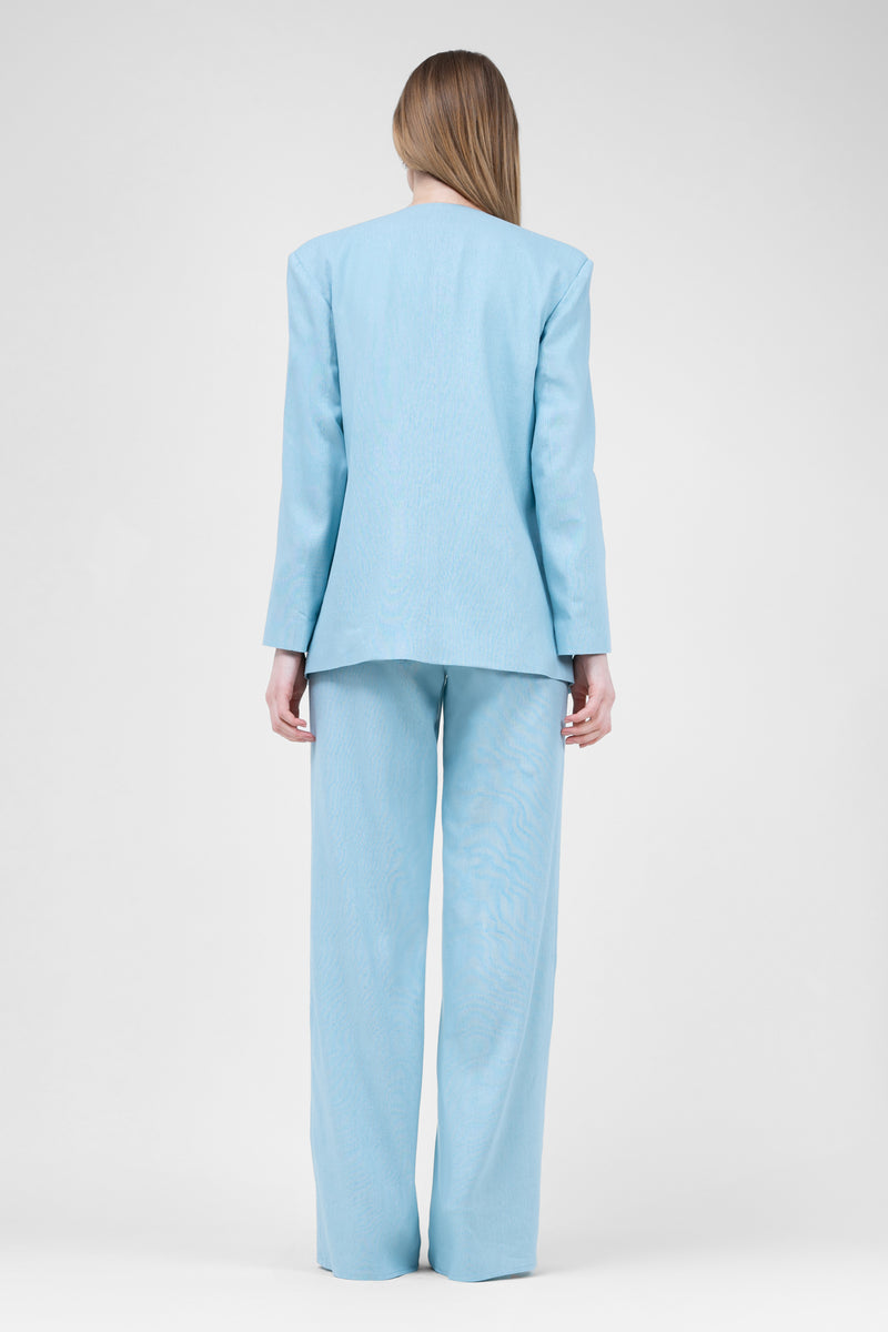 Baby Blue linen suit with blazer and straight trousers