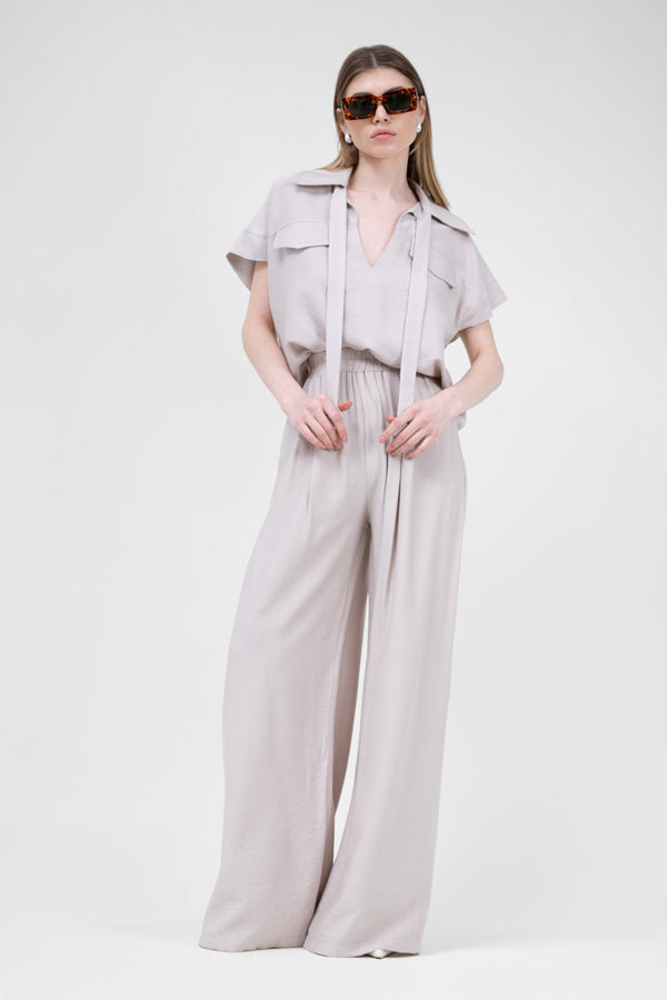 Beige Linen Set With Shirt With Pockets And Wide Leg Trousers