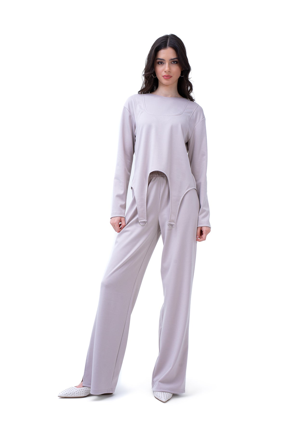 Grey Set With Ring Decorative Blouse And Straight Trousers