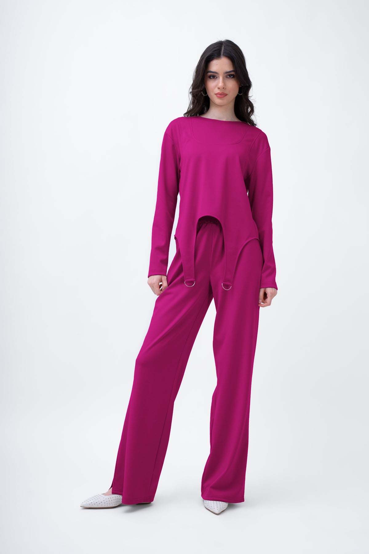 Fuchsia Set With Ring Decorative Blouse And Straight Trousers
