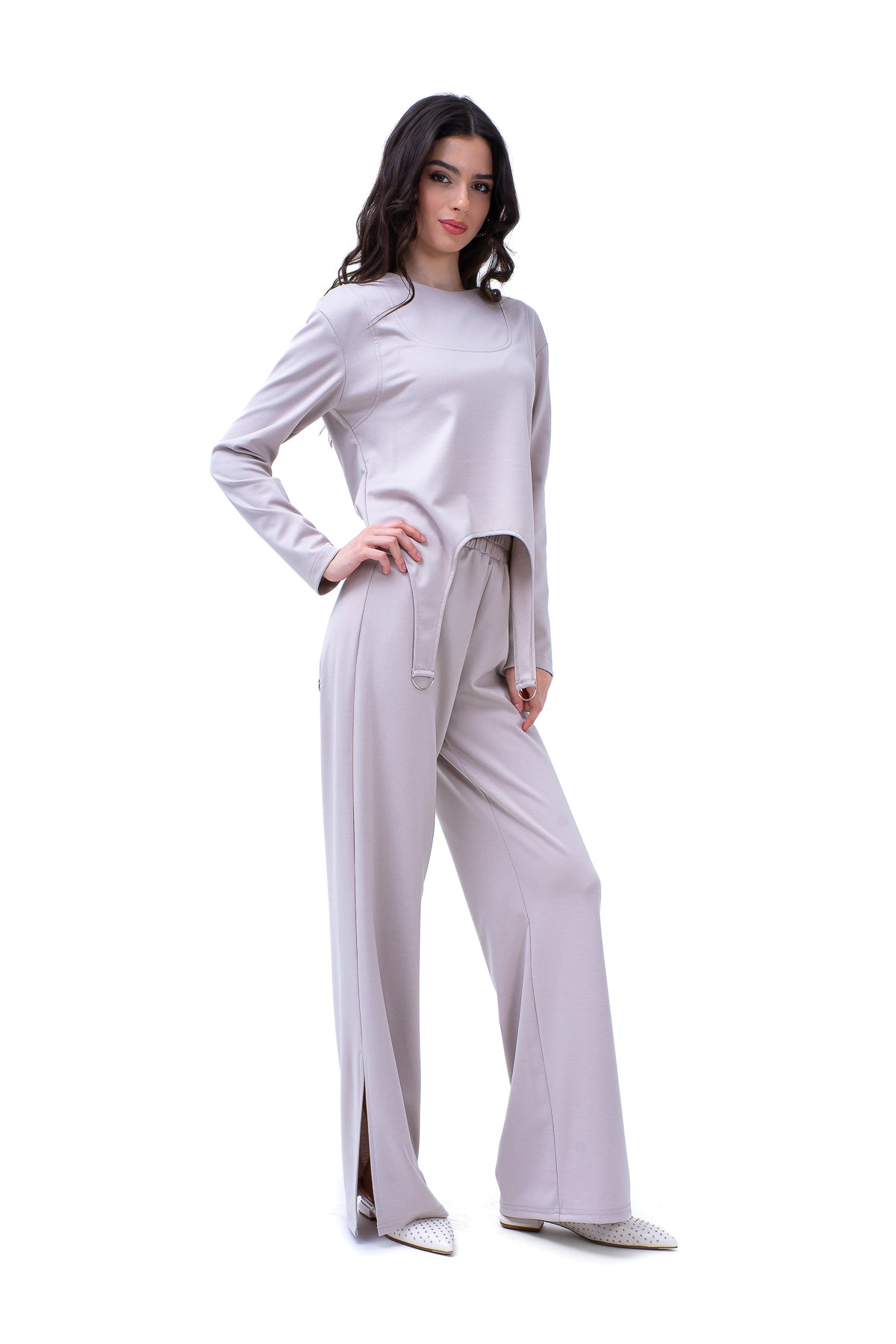 Grey Set With Ring Decorative Blouse And Straight Trousers