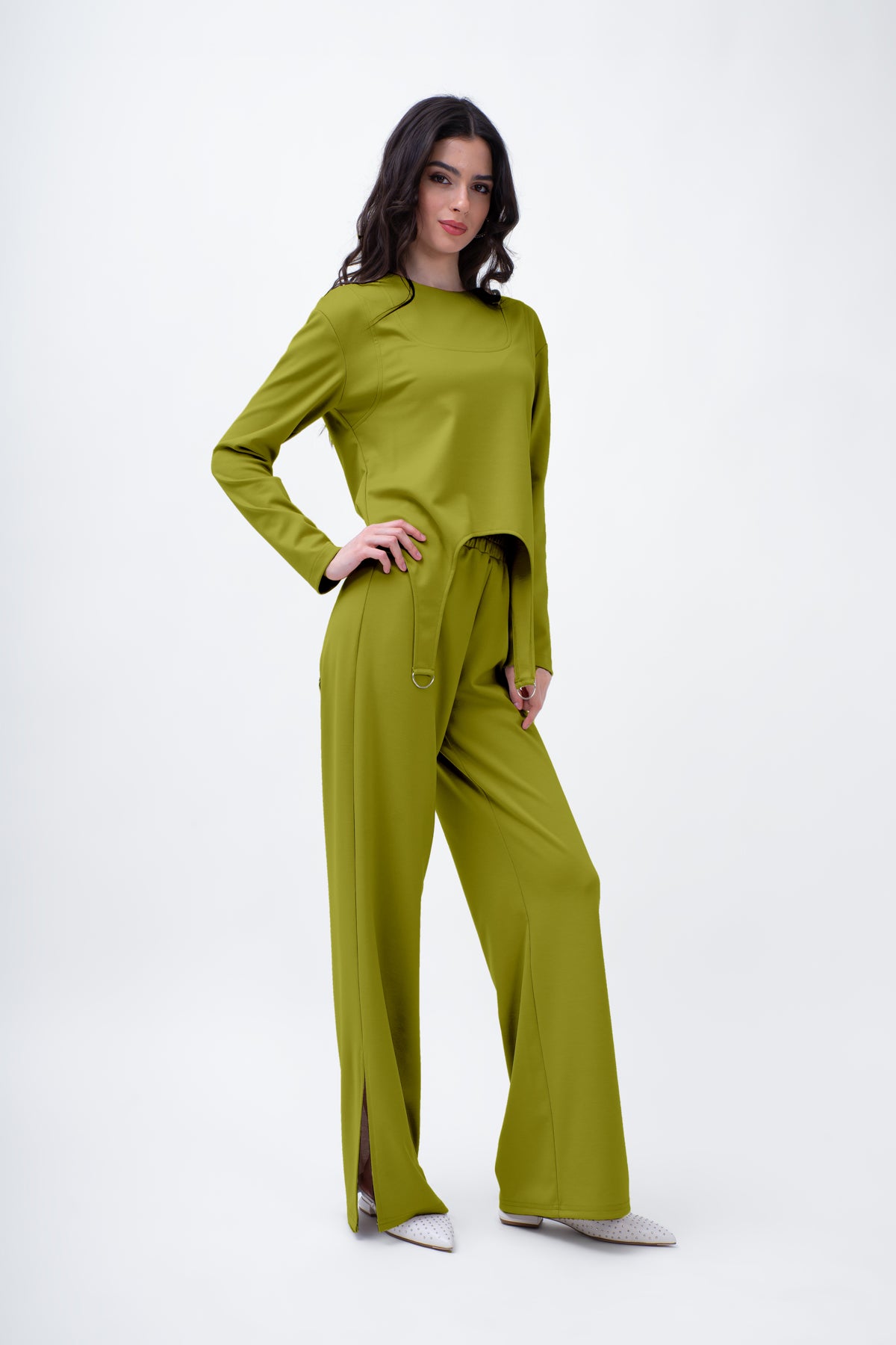 Lime Set With Ring Decorative Blouse And Straight Trousers