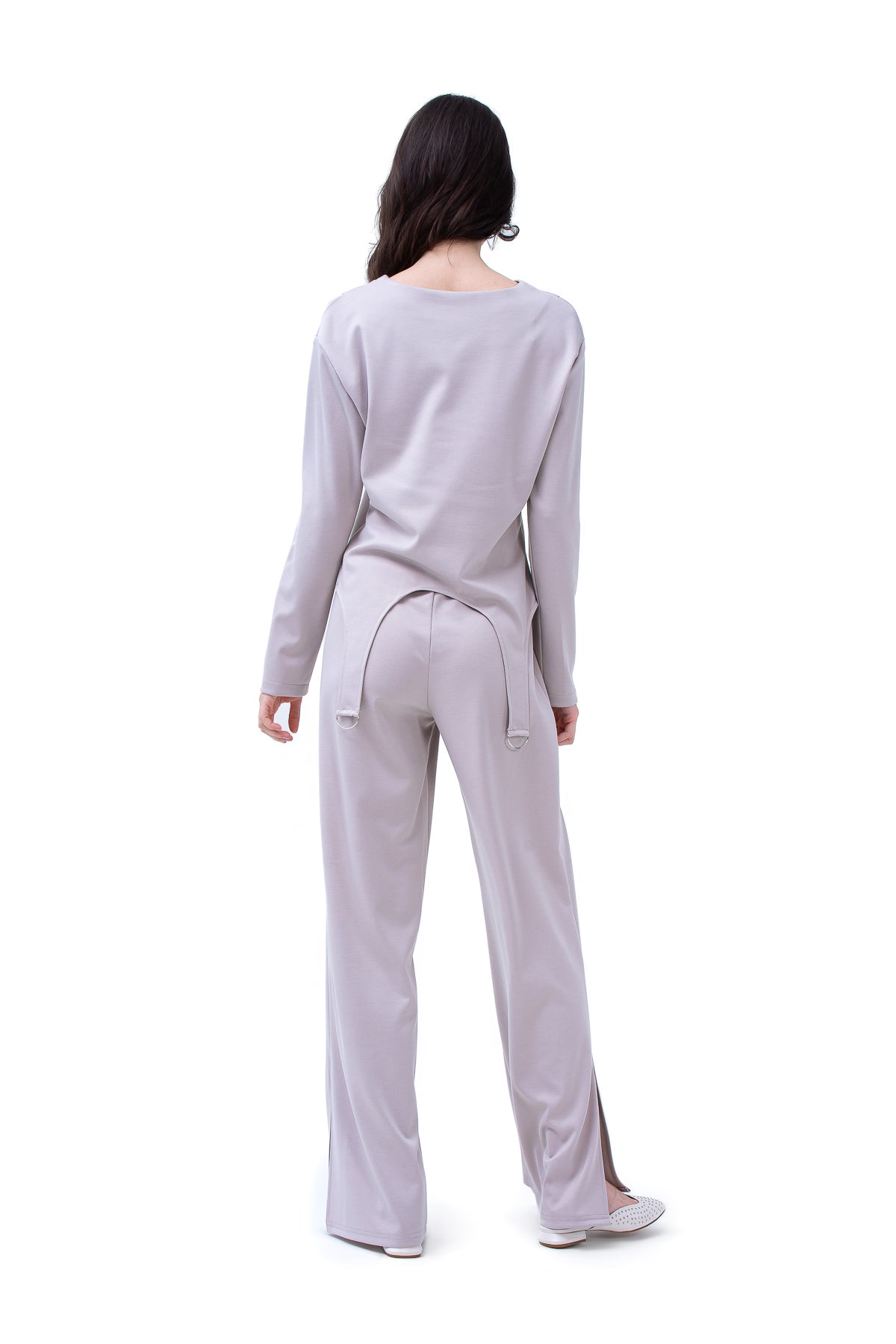 Grey Set With Ring Decorative Blouse And Straight Trousers