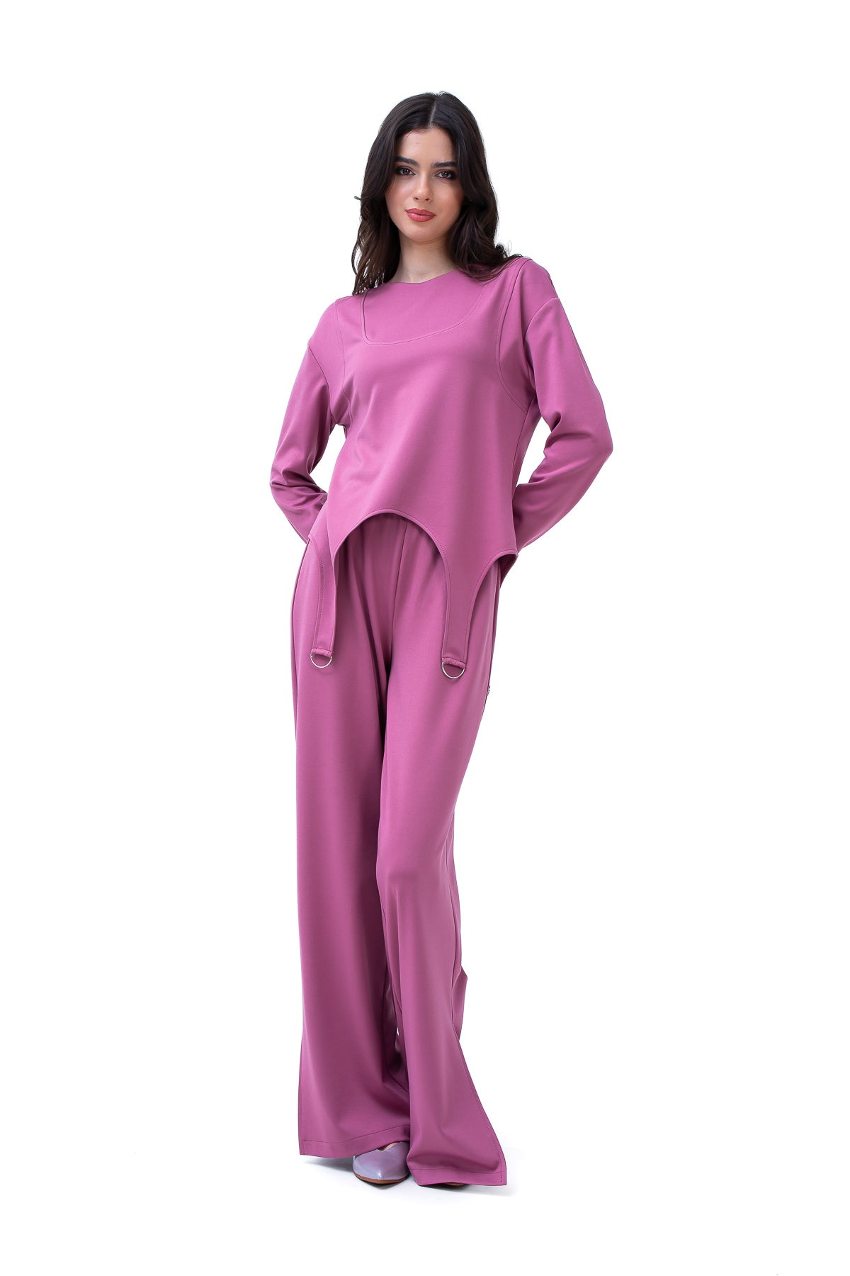 Mauve Set With Ring Decorative Blouse And Straight Trousers