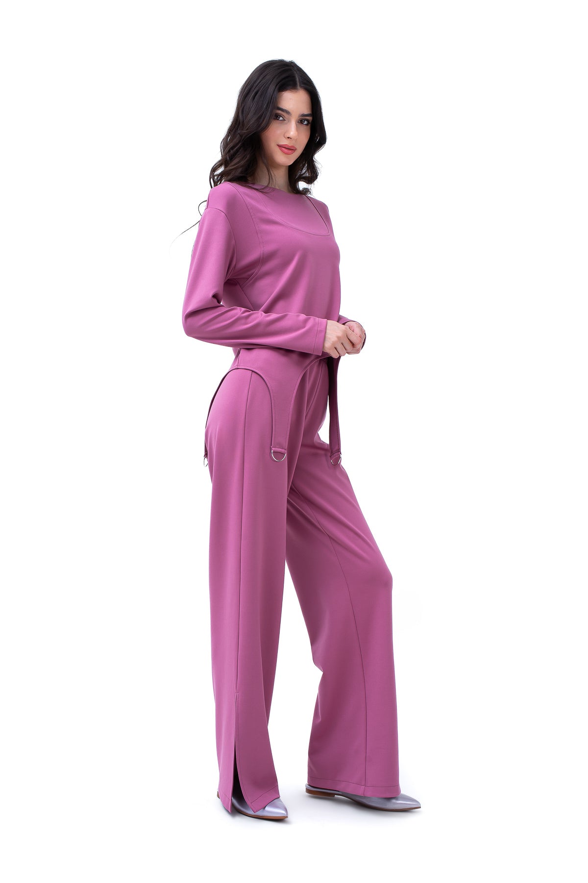 Mauve Set With Ring Decorative Blouse And Straight Trousers