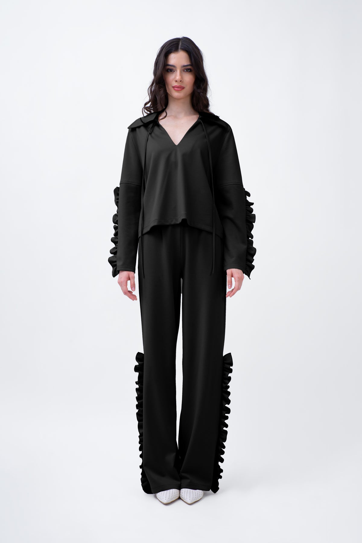 Black Set With Blouse And Trousers With Ruffles