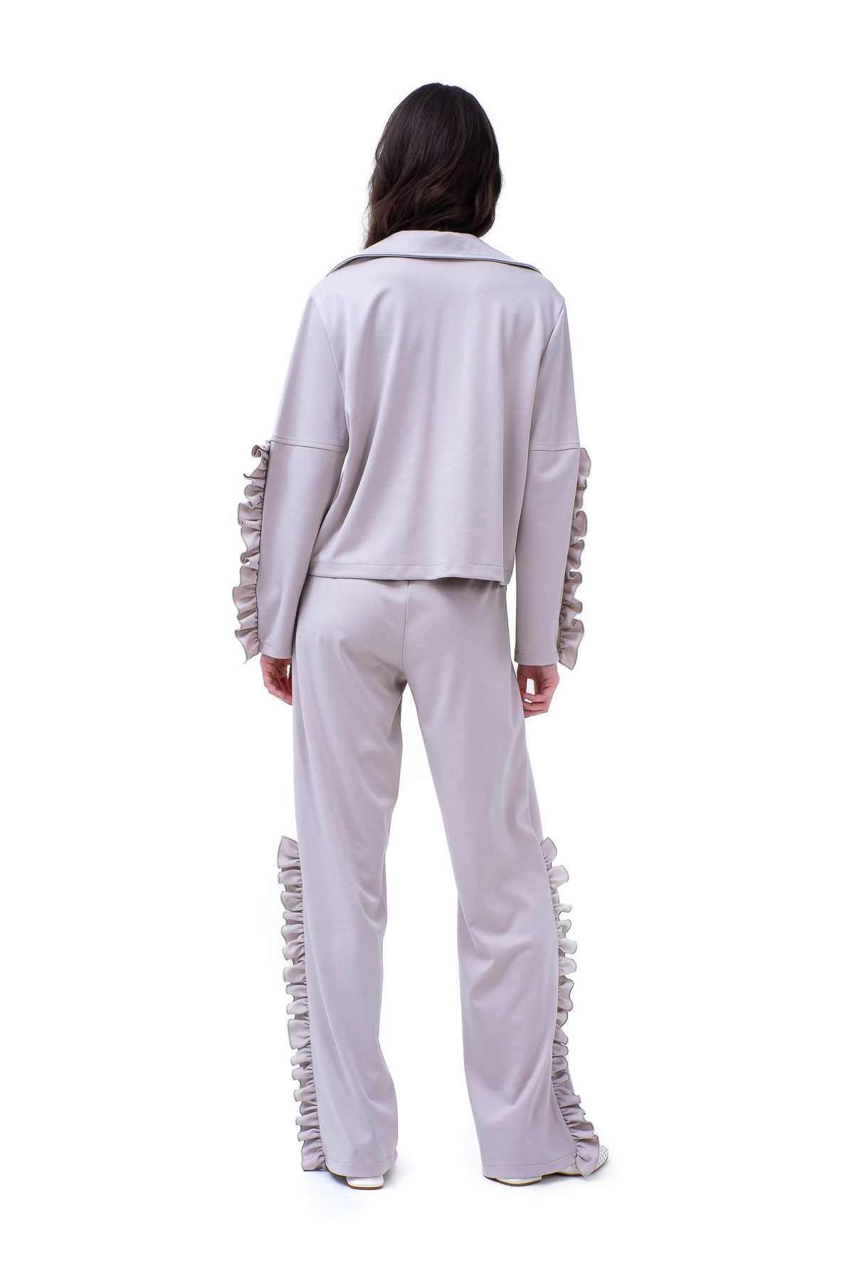 Grey Set With Blouse And Trousers With Ruffles