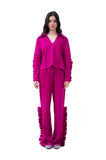 Set fuchsia cu bluza si pantaloni cu volane