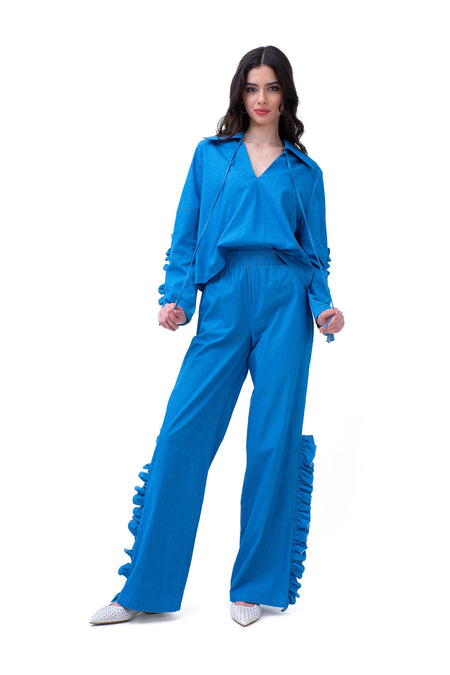 Set din denim cu bluza si pantaloni cu volane