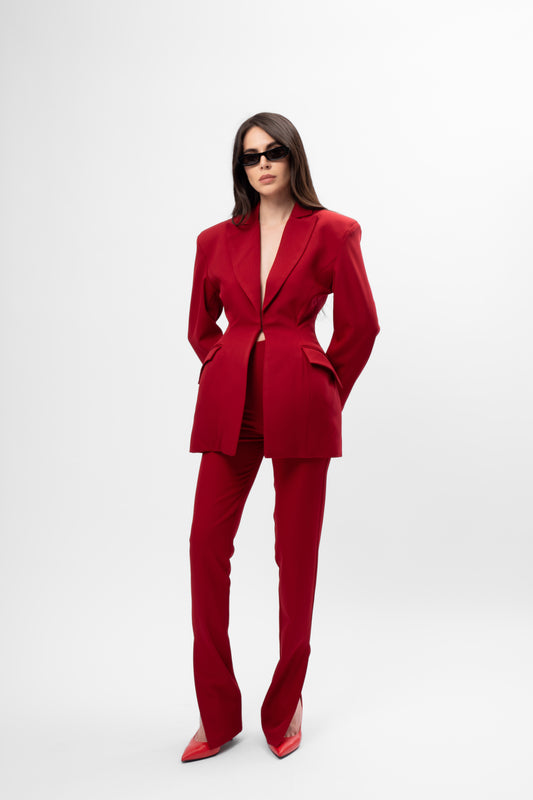 Dark red Suit with Balloon Blazer and Split-Hem Trousers