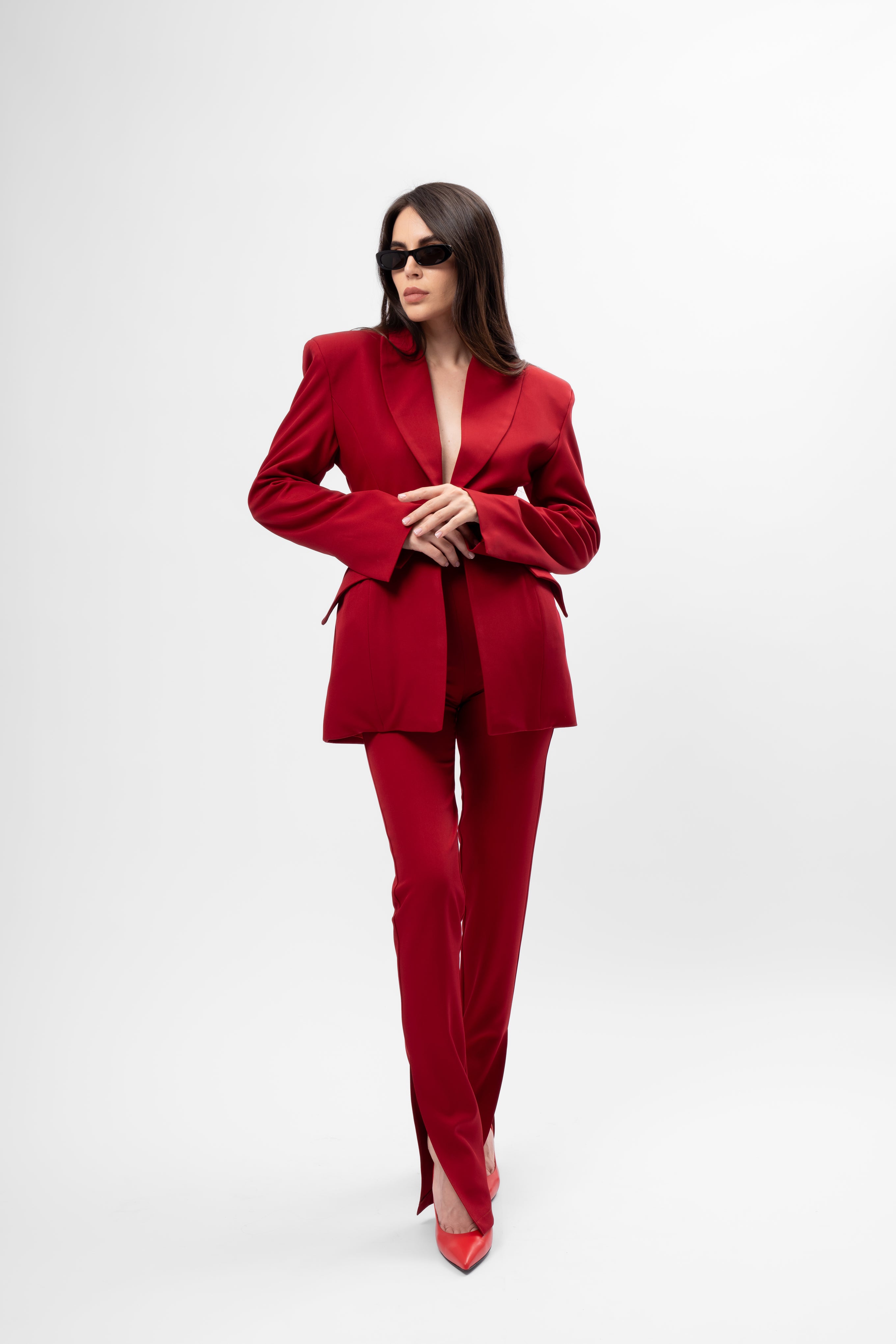 Dark red Suit with Balloon Blazer and Split-Hem Trousers