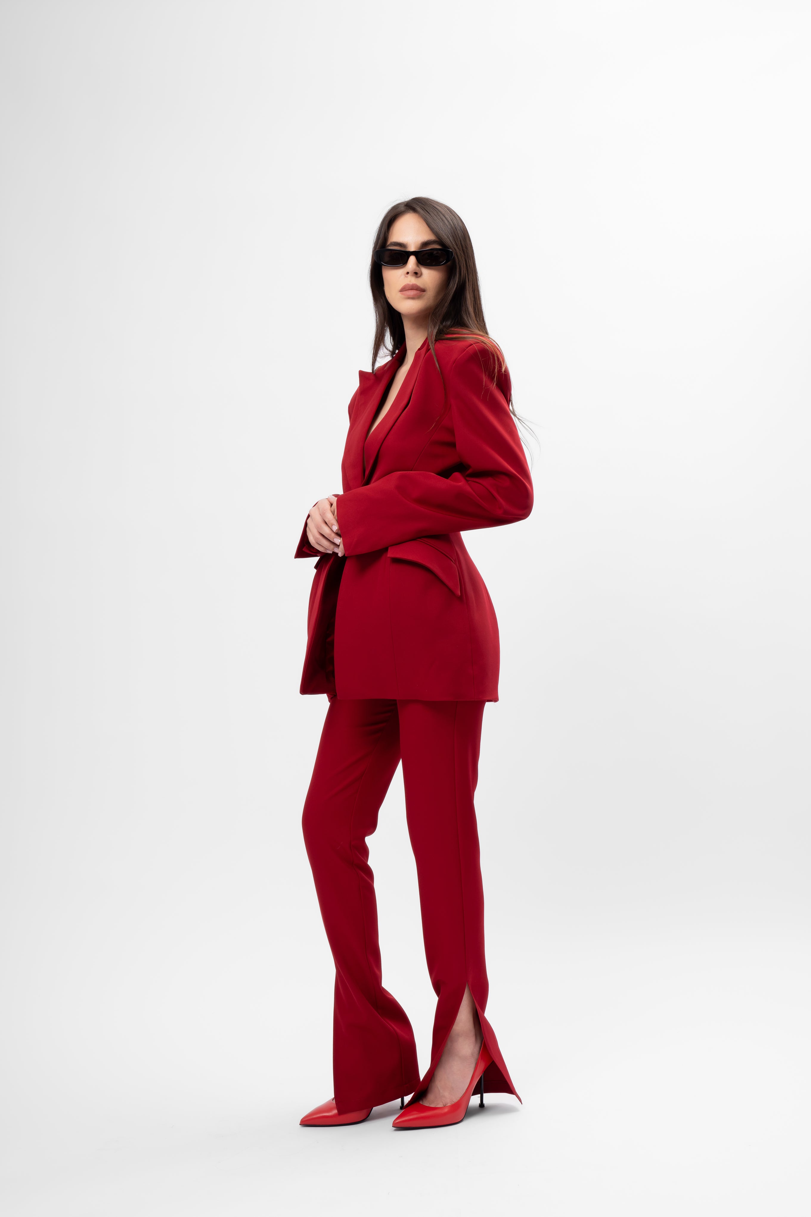 Dark red Suit with Balloon Blazer and Split-Hem Trousers