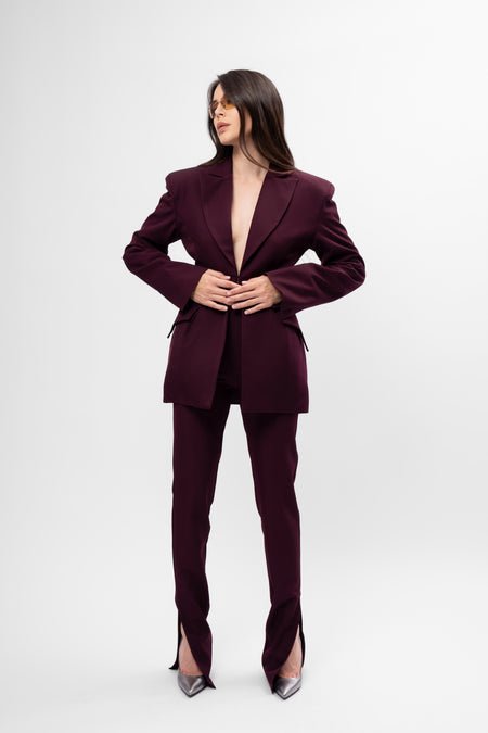 Plum-purple Suit with Balloon Blazer and Split-Hem Trousers