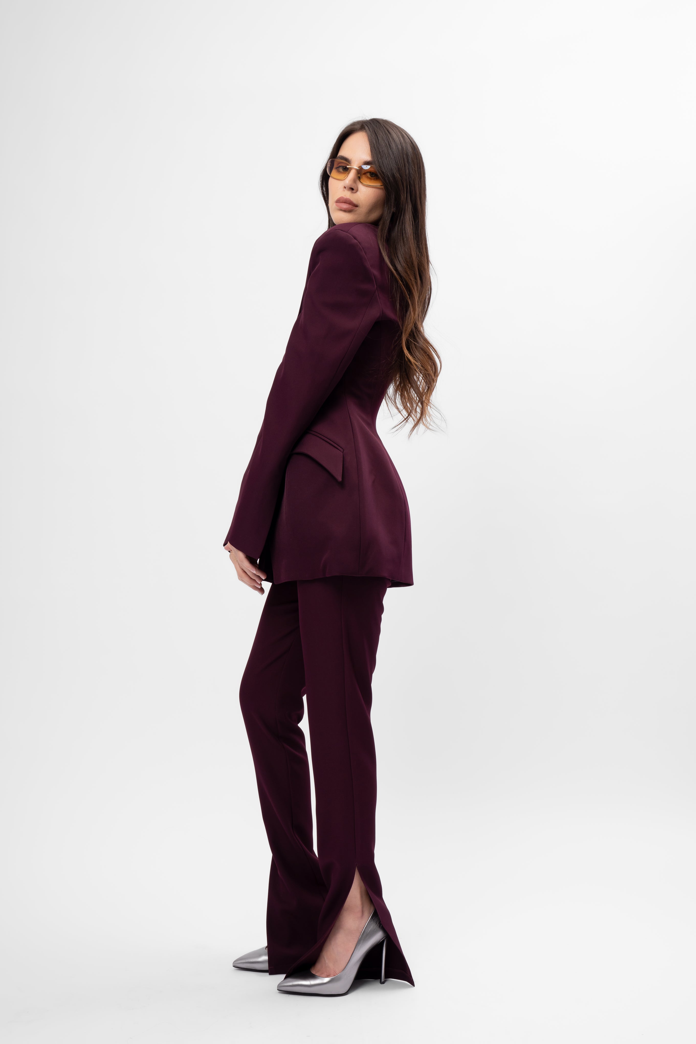 Plum-purple Suit with Balloon Blazer and Split-Hem Trousers