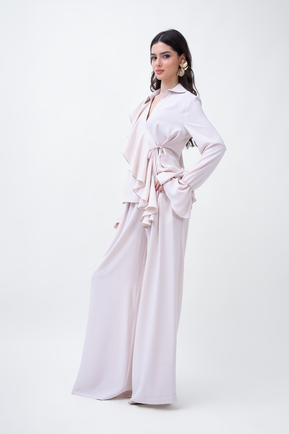 Beige Set With Ruffled Wrap Blouse And Wide Leg Trousers