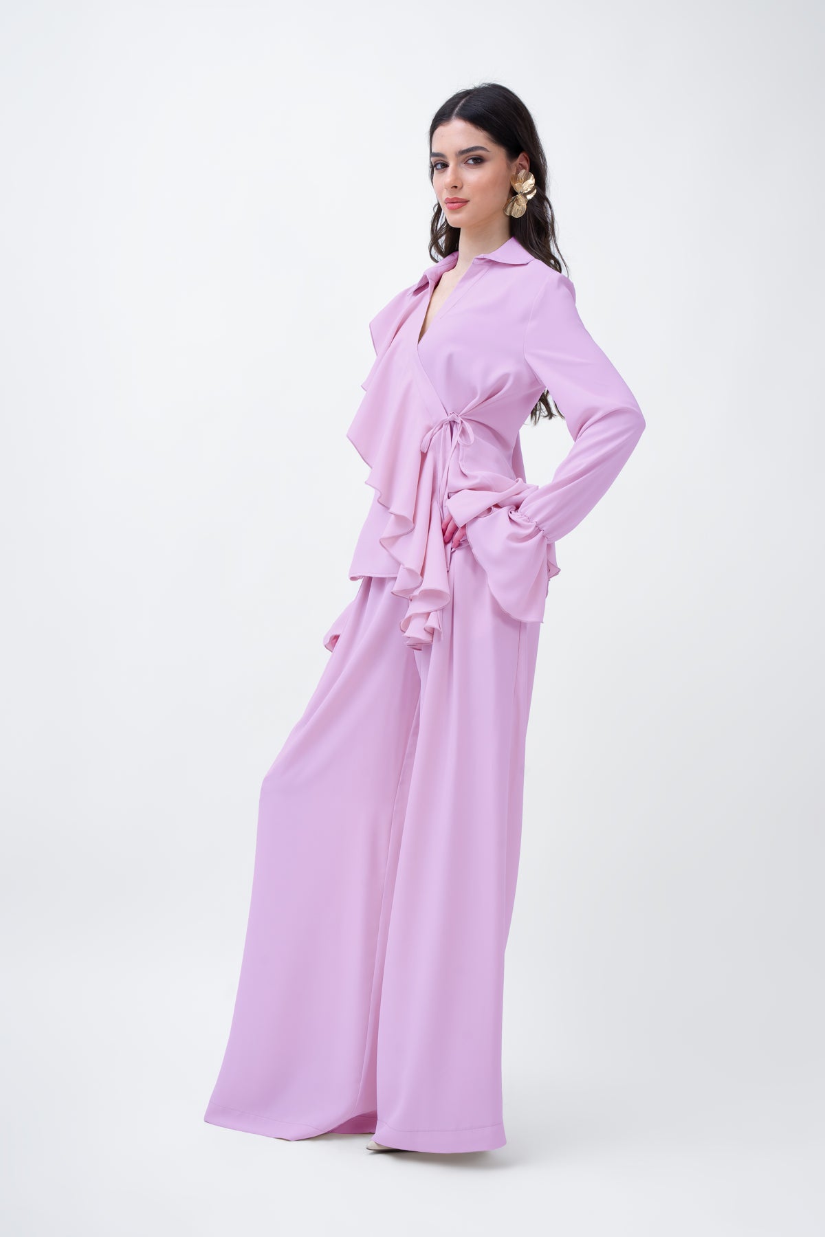 Lilac Set With Ruffled Wrap Blouse And Wide Leg Trousers