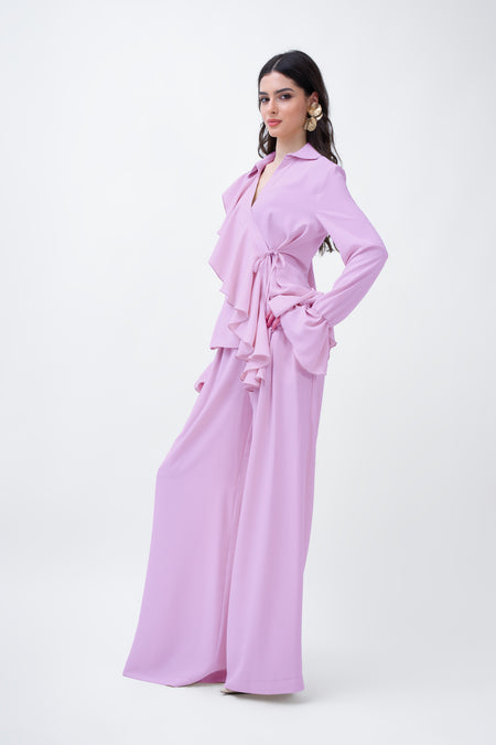 Lilac Set With Ruffled Wrap Blouse And Wide Leg Trousers