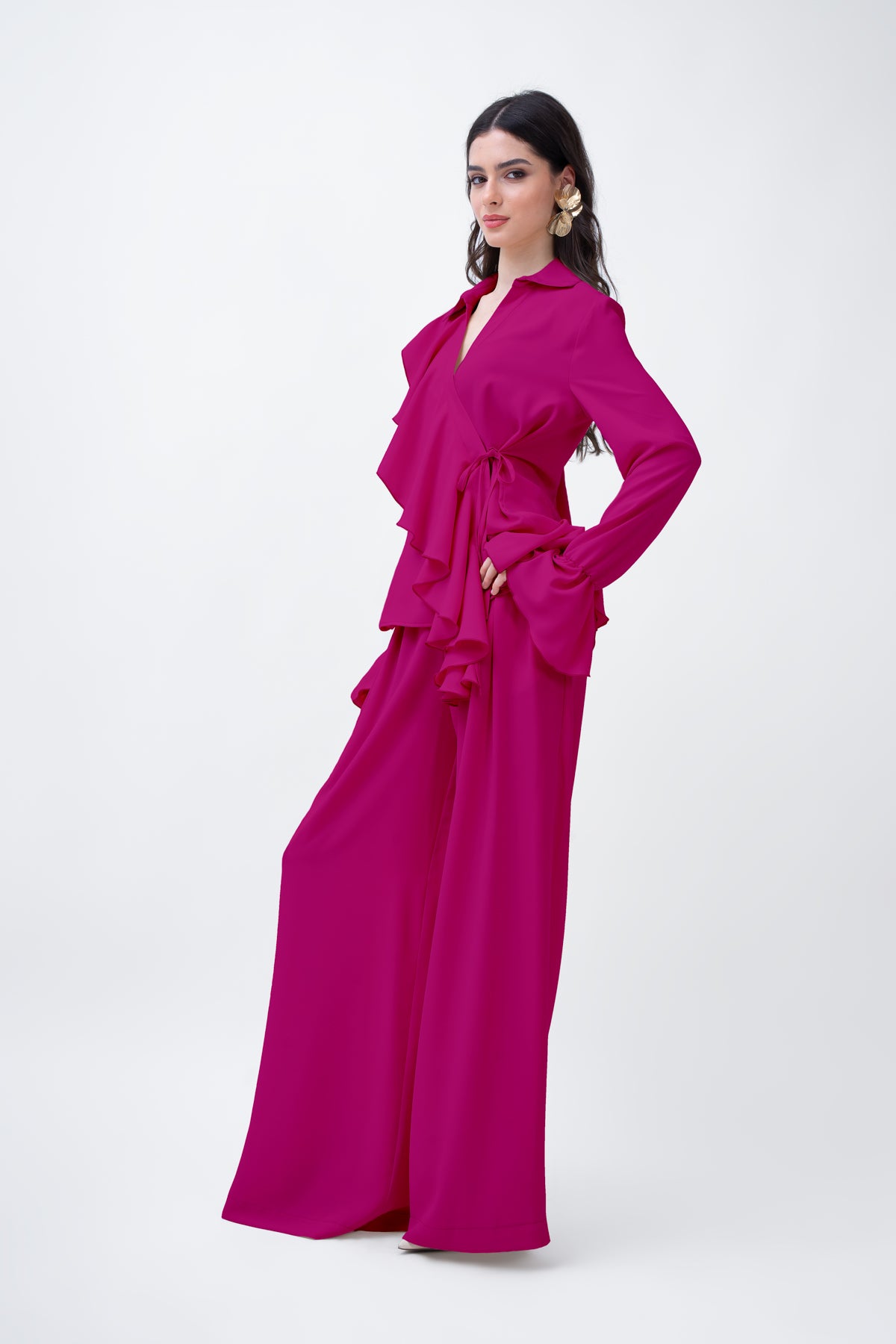 Fuchsia Set With Ruffled Wrap Blouse And Wide Leg Trousers