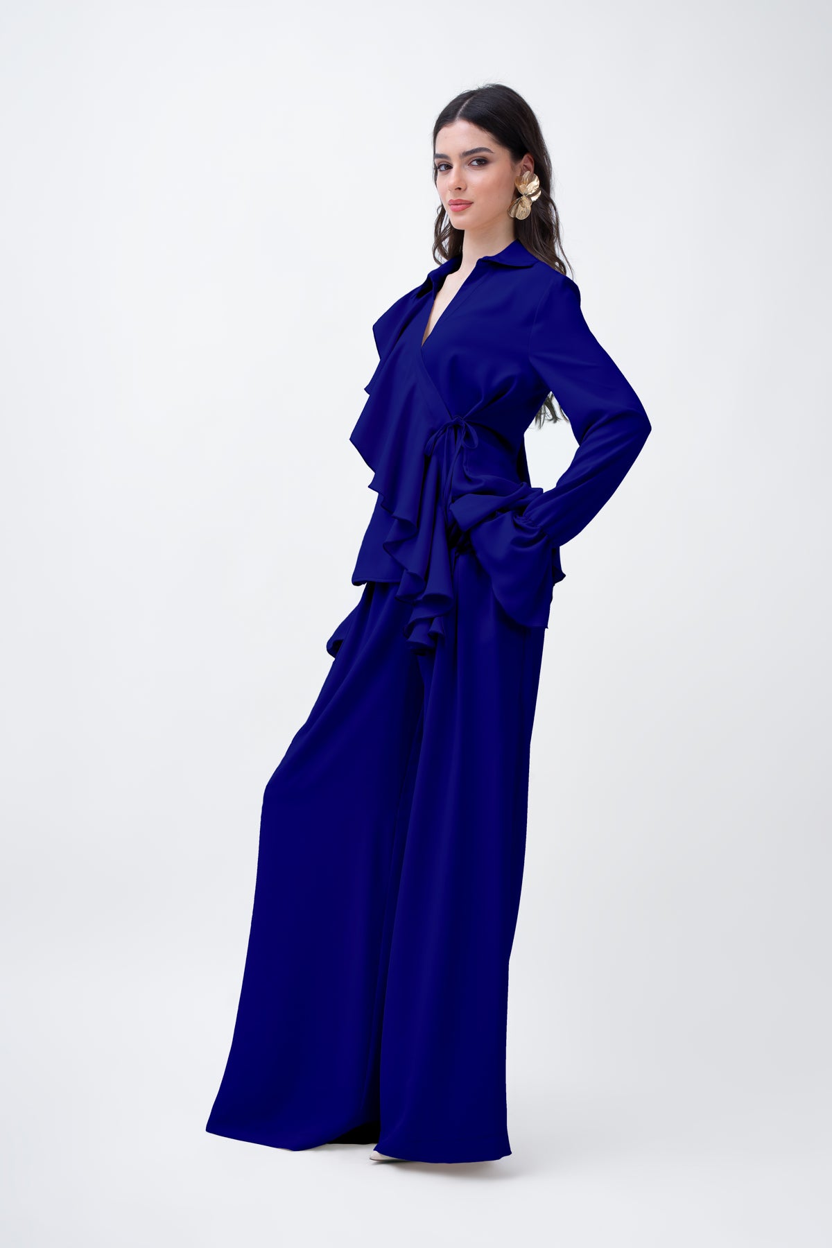 Navy Set With Ruffled Wrap Blouse And Wide Leg Trousers
