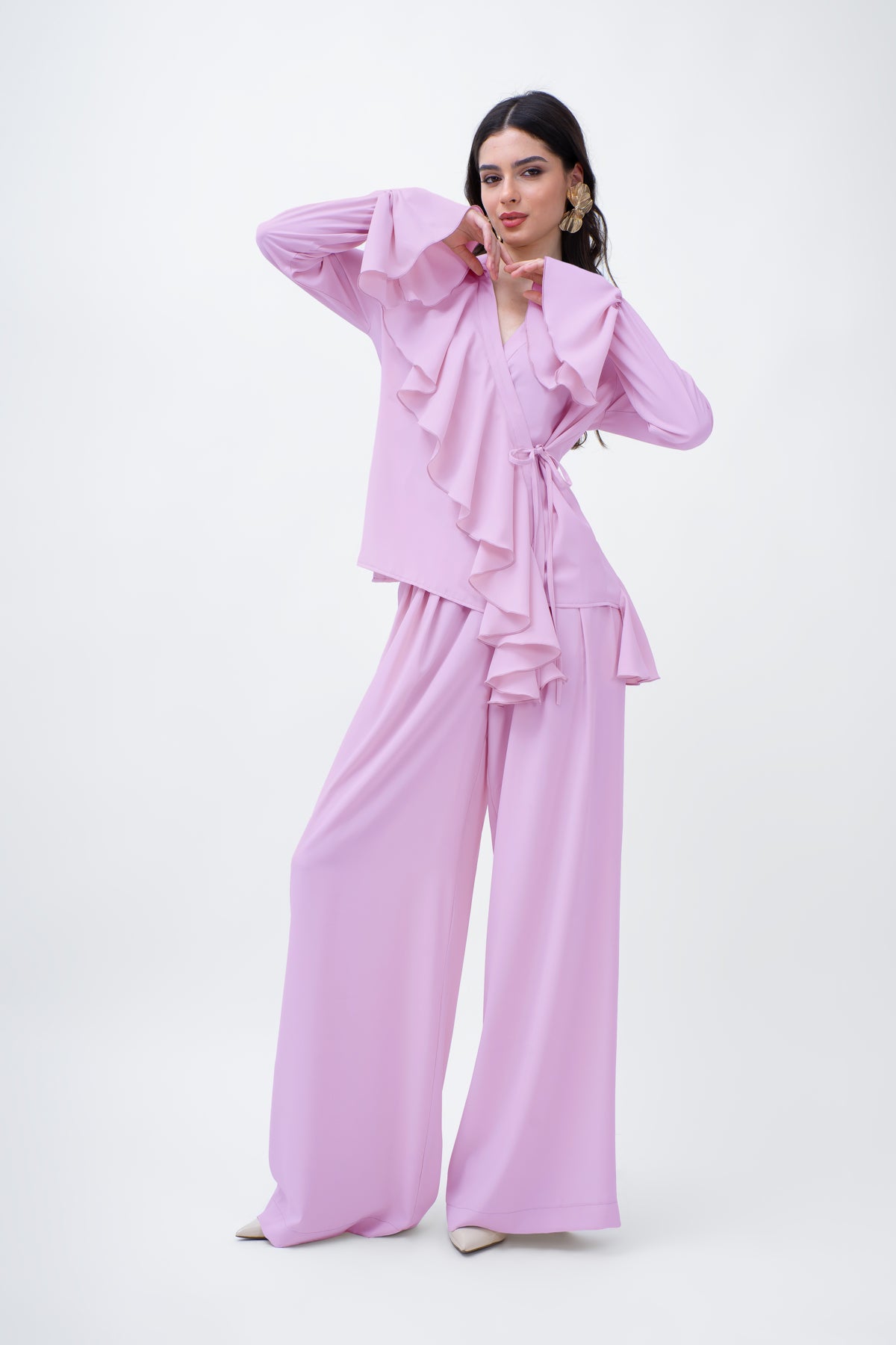 Lilac Set With Ruffled Wrap Blouse And Wide Leg Trousers
