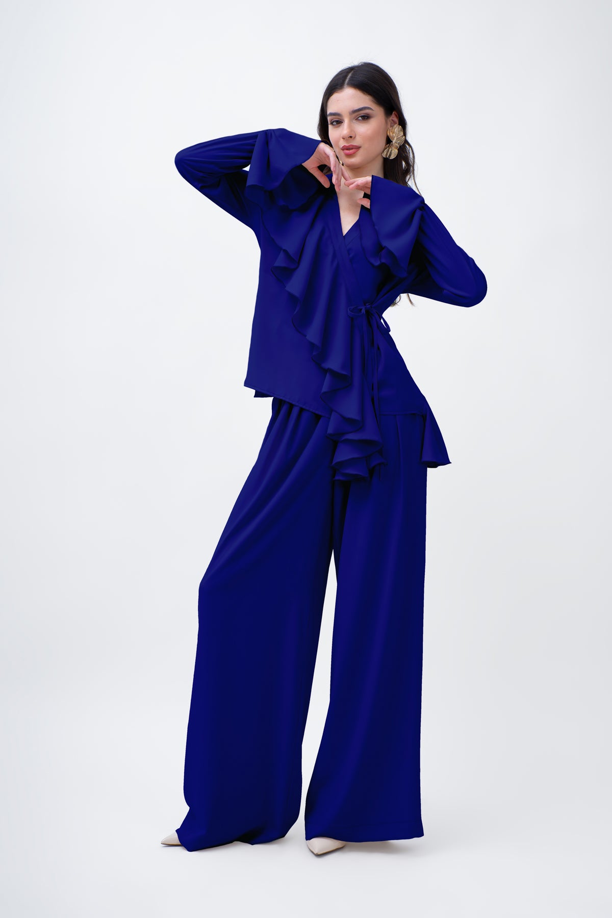 Navy Set With Ruffled Wrap Blouse And Wide Leg Trousers
