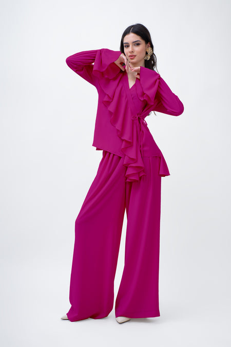 Fuchsia Set With Ruffled Wrap Blouse And Wide Leg Trousers