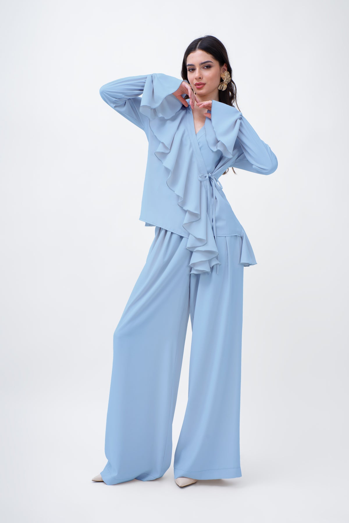 Baby Blue  Set With Wrap Blouse And Wide Trousers