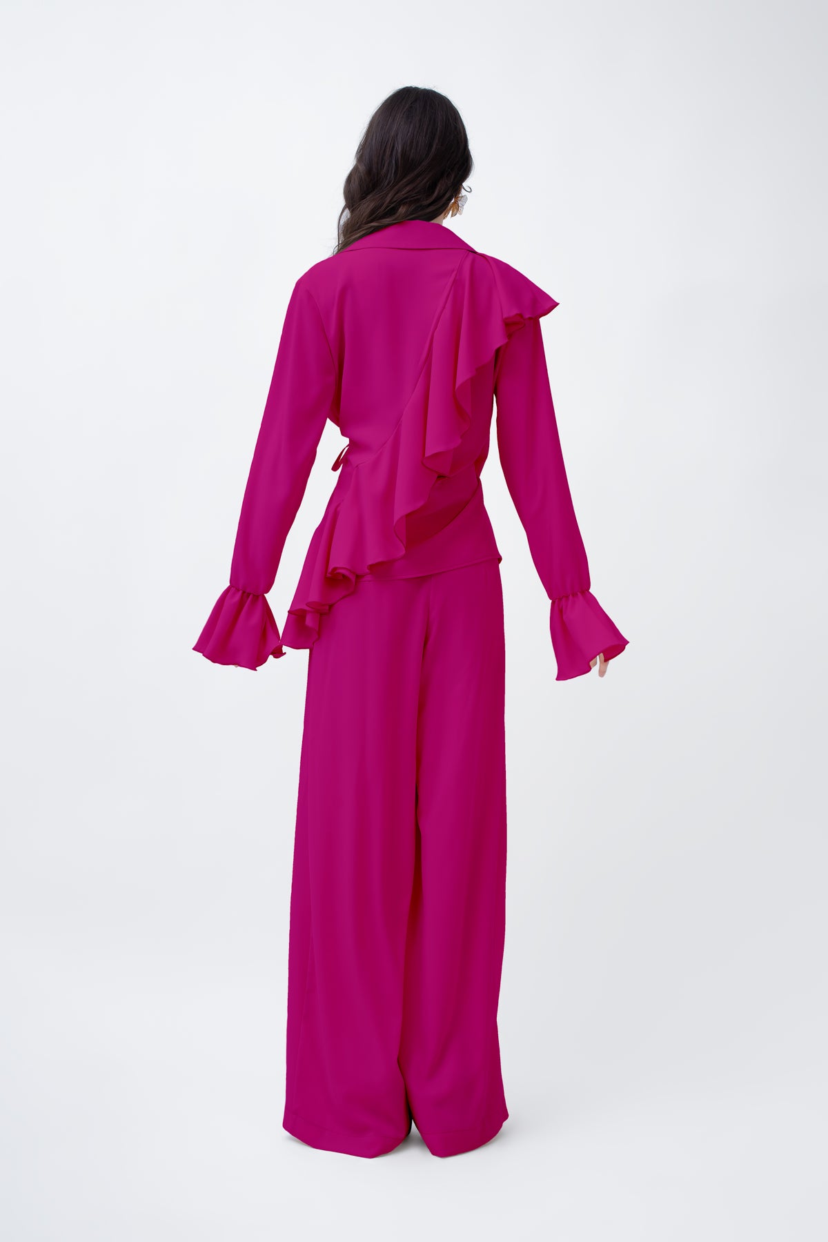 Fuchsia Set With Ruffled Wrap Blouse And Wide Leg Trousers
