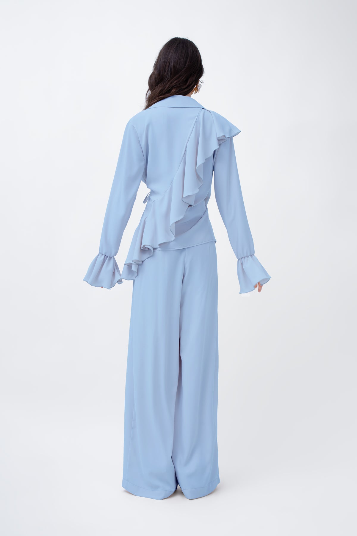 Baby Blue  Set With Wrap Blouse And Wide Trousers