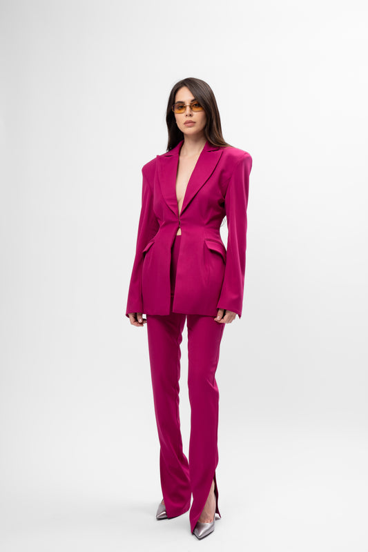 Fuchsia Suit with Balloon Blazer and Split-Hem Trousers