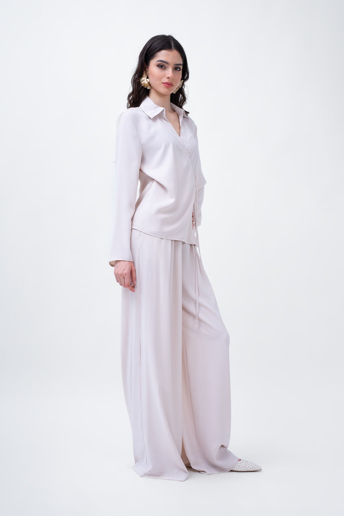 Beige Set With Wrap Blouse And Wide Trousers
