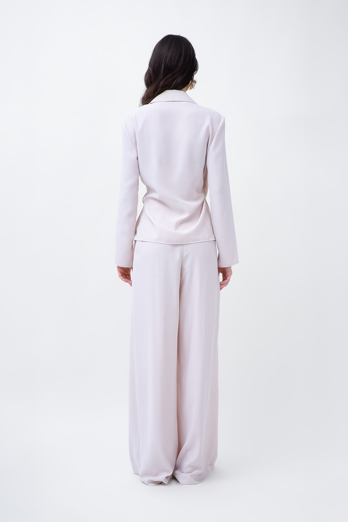 Beige Set With Wrap Blouse And Wide Trousers