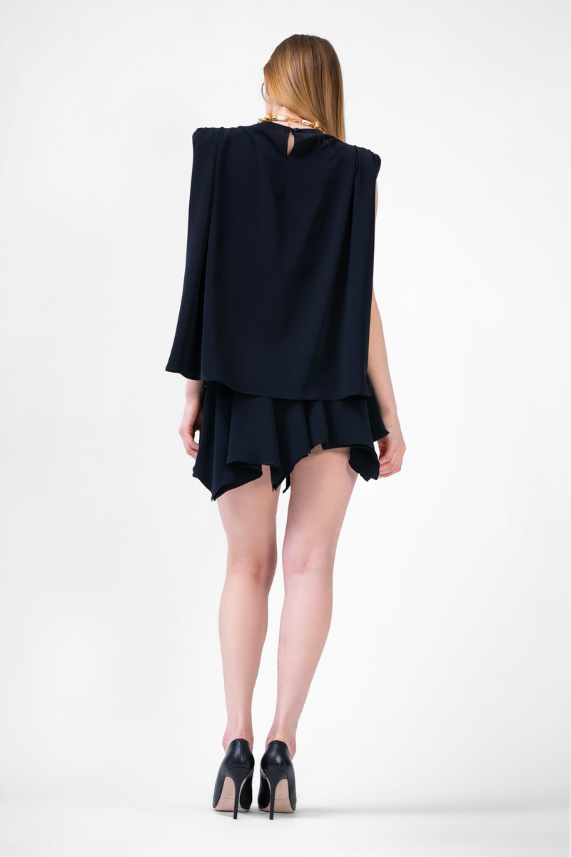 Black Matching Set With Draped Top And Asymmetrical Skirt