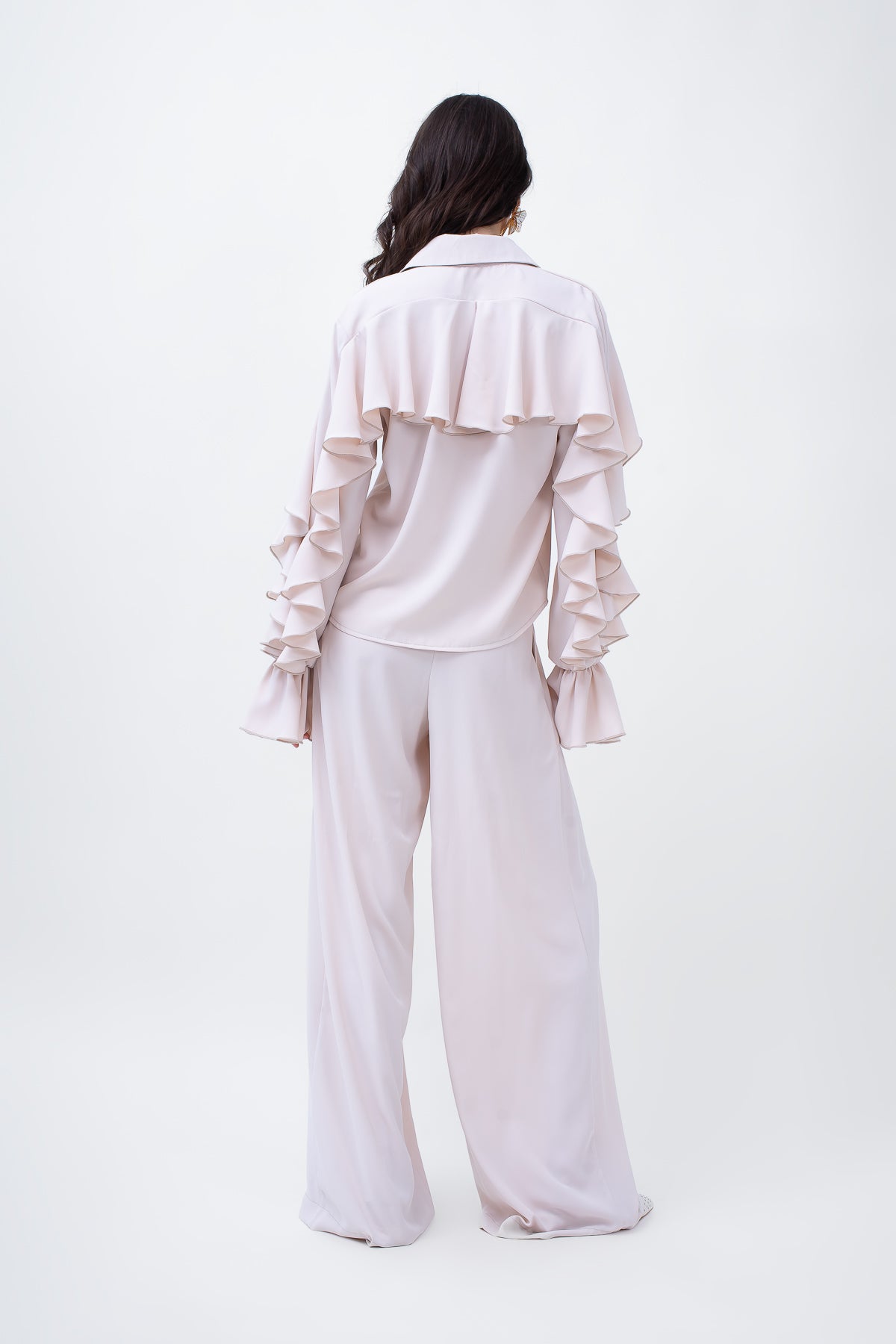 Beige Set With Ruffled Shirt And Wide Leg Trousers