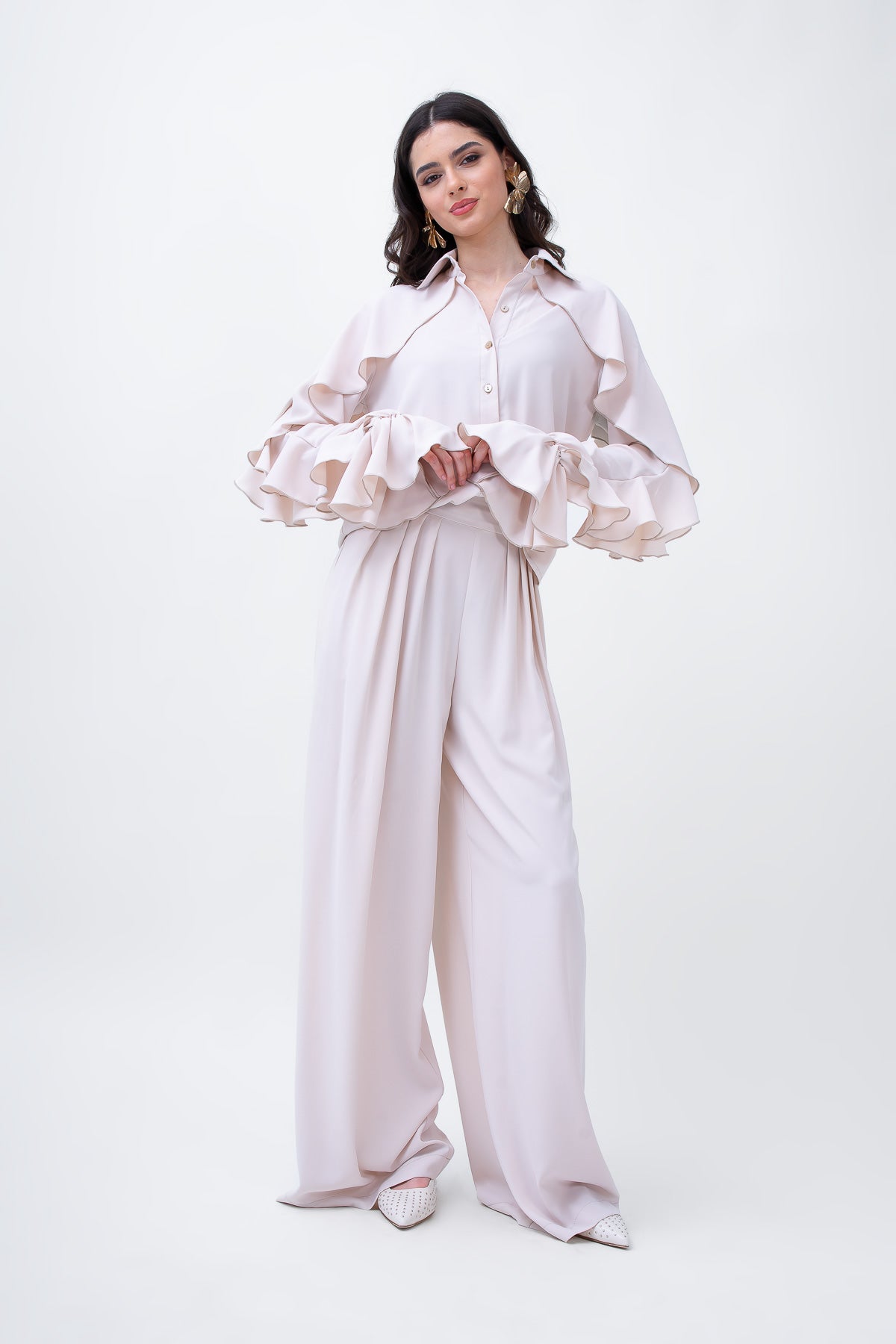 Beige Set With Ruffled Shirt And Wide Leg Trousers