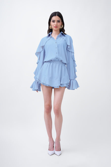 Baby Blue Set With Ruffled  Shirt And Skirt