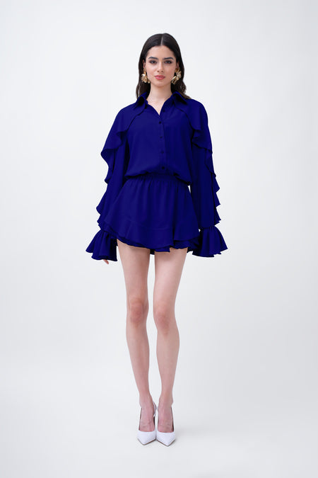 Navy Set With Ruffled  Shirt And Skirt