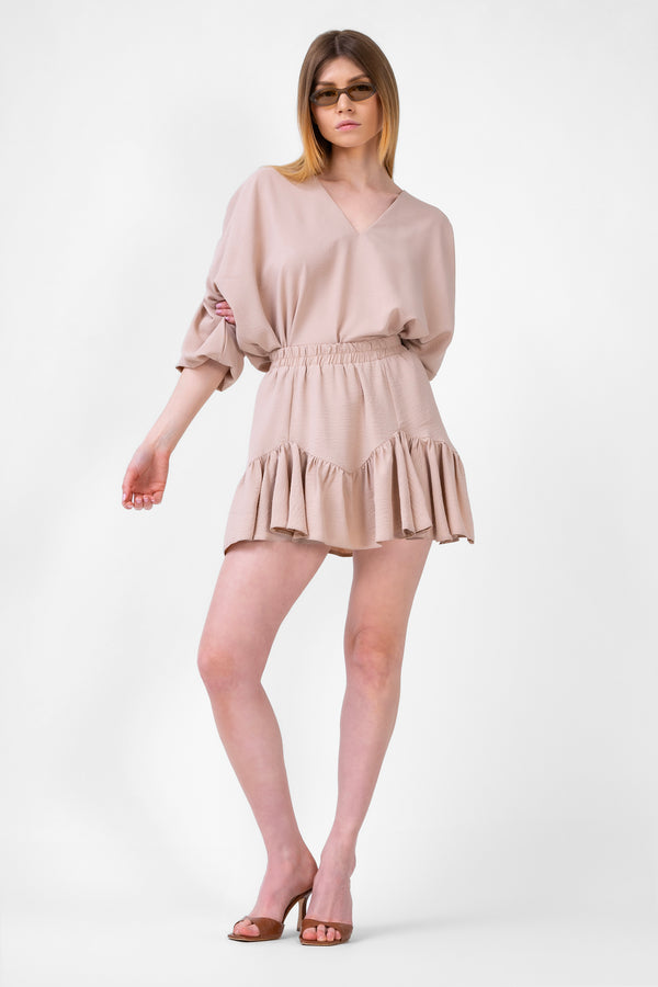 Beige Matching Set With Draped Blouse And Skort