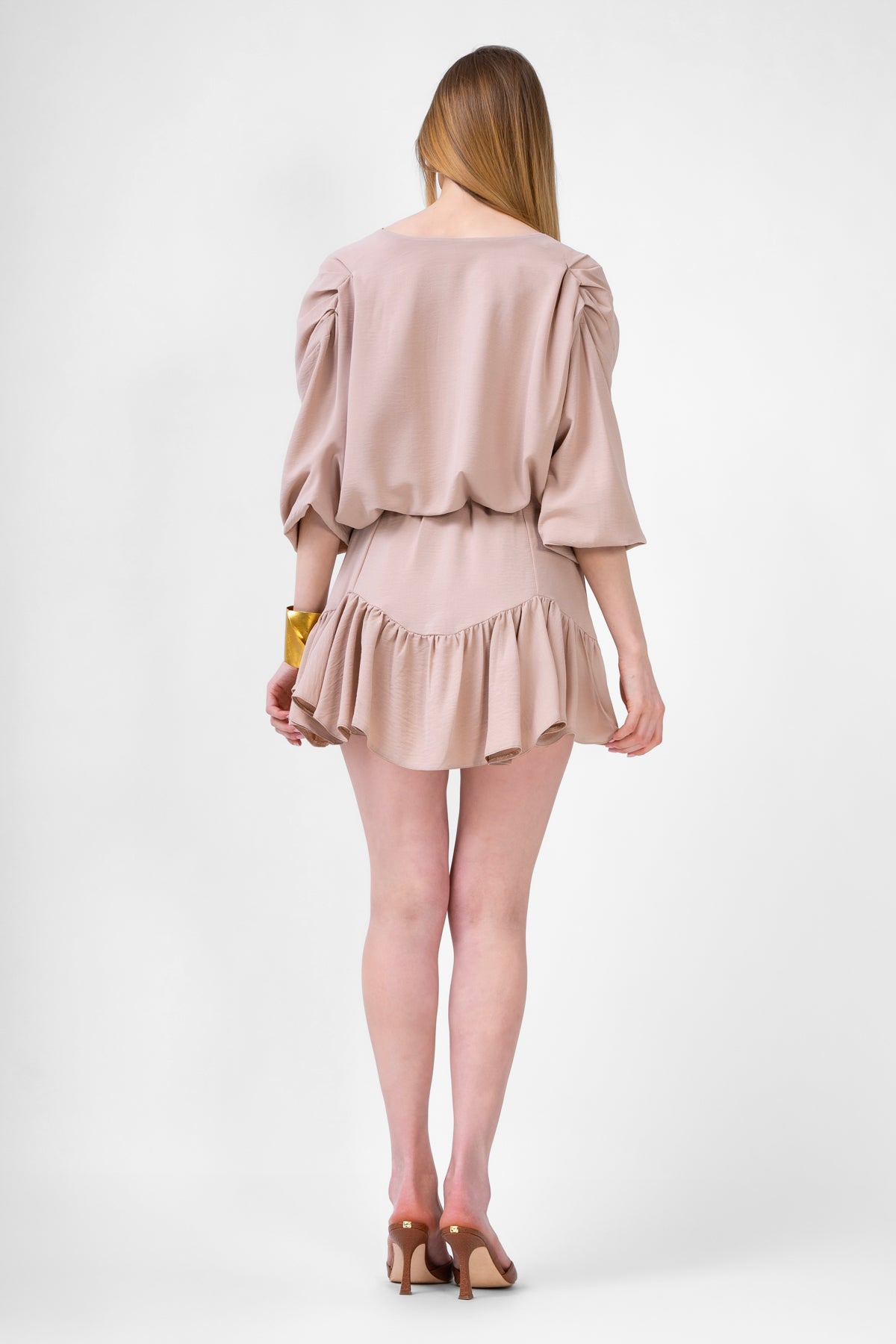 Beige Matching Set With Draped Blouse And Skort
