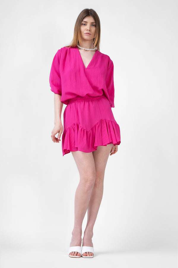 Neon Pink Matching Set With Draped Blouse And Skort