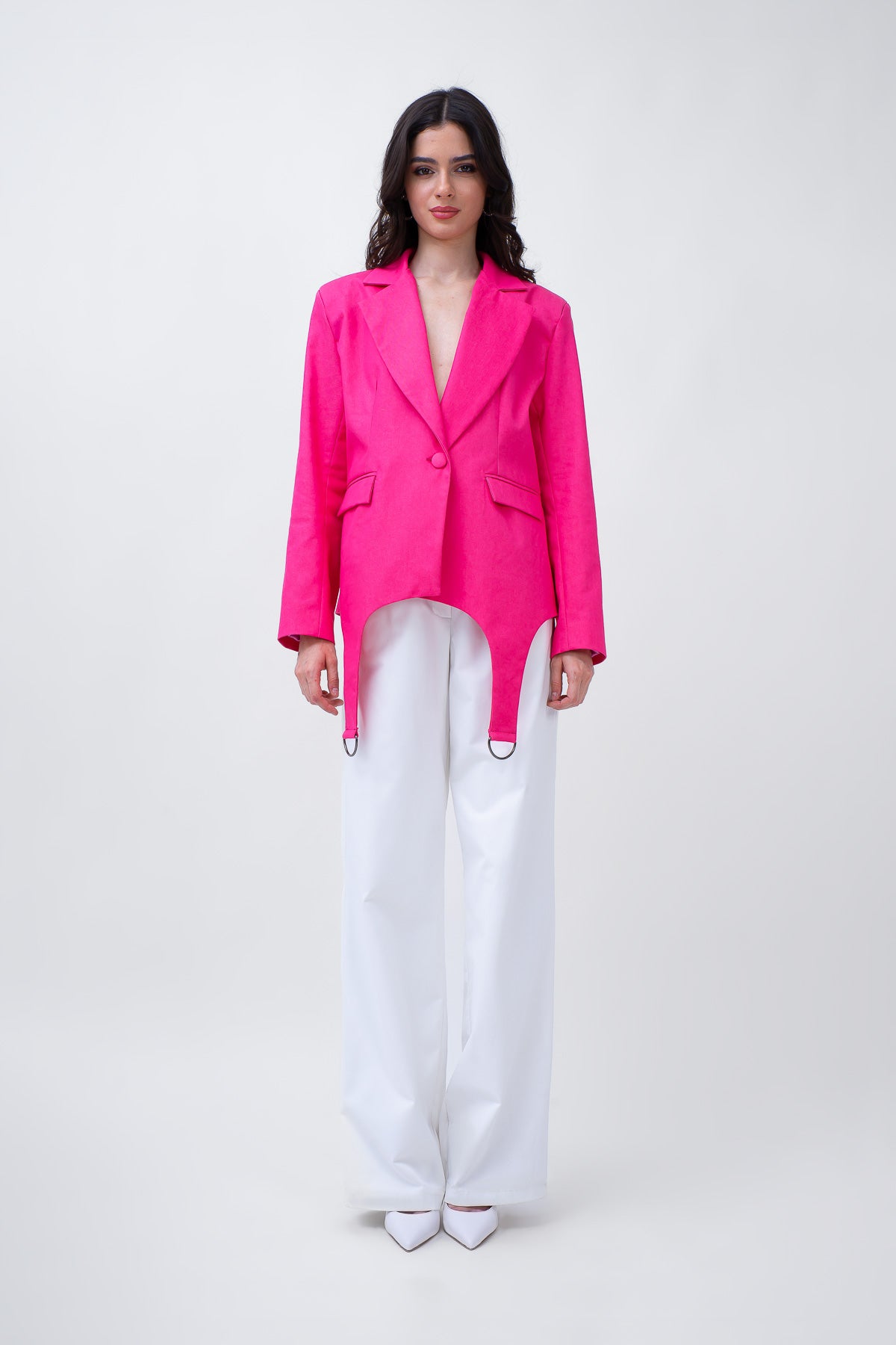 Pink Denim Blazer With Decorative Rings