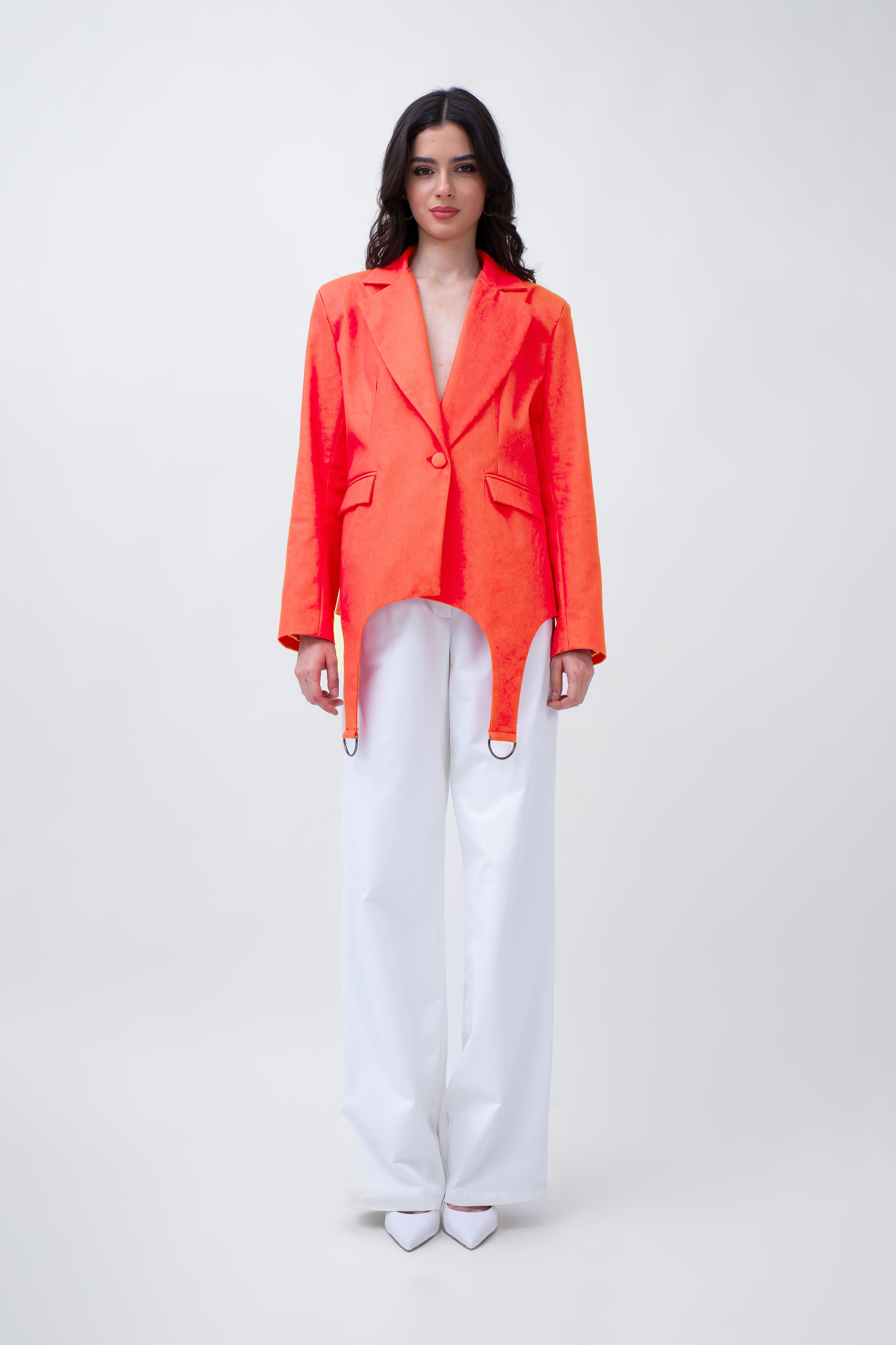 Orange Denim Blazer With Decorative Rings