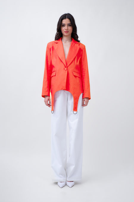 Orange Denim Blazer With Decorative Rings