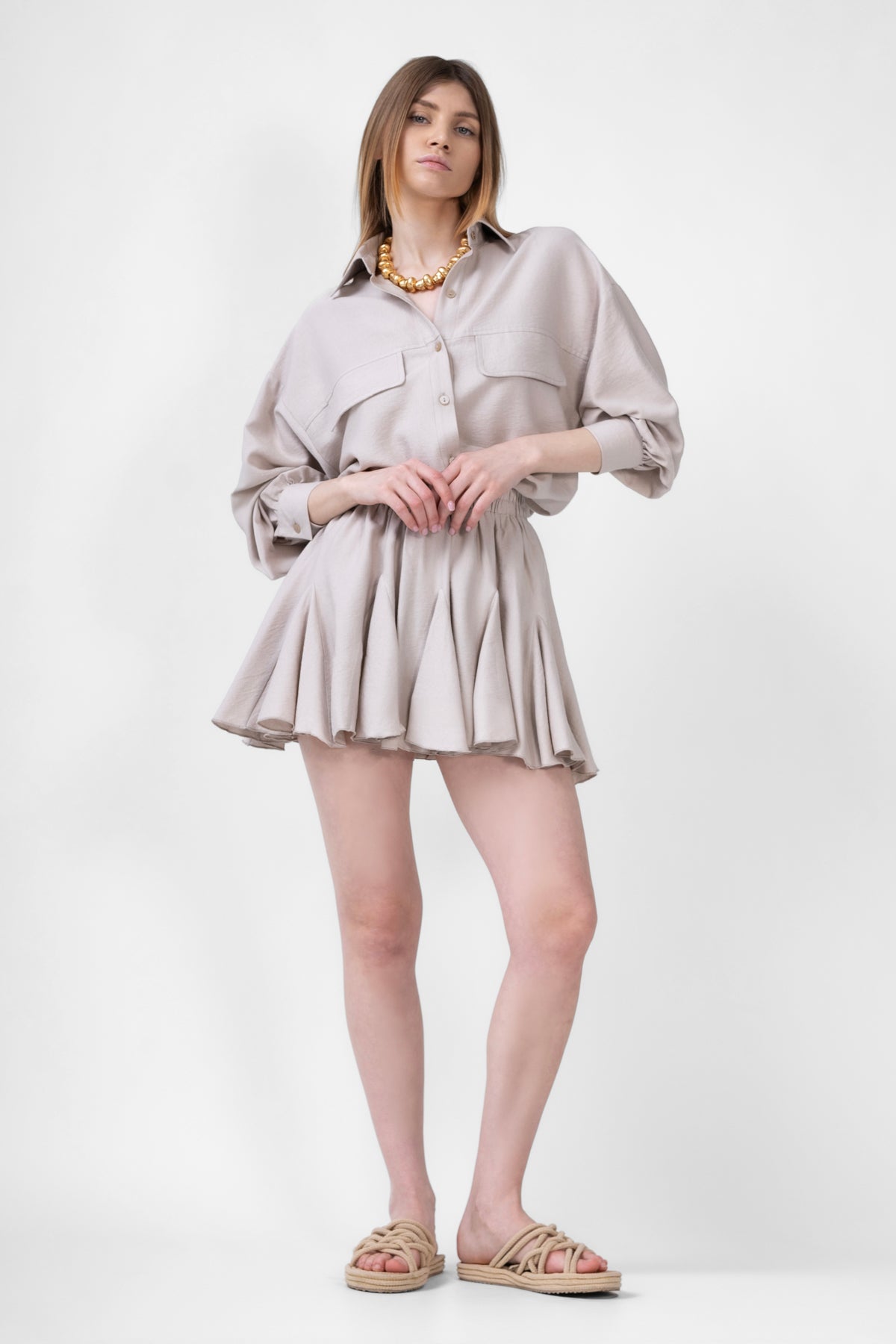 Beige Matching Set With Blouse And Skirt