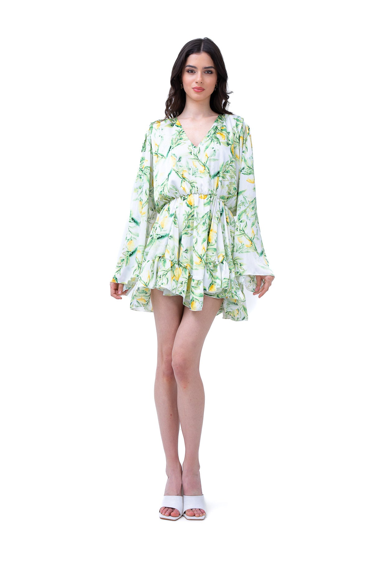 Lemon Printed Mini Dress With Flared Sleeves